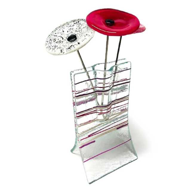 Small Vase With Fuscia, White & Violet Stripes 3 Glass Flowers - image 1