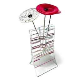 Small Vase With Fuscia, White & Violet Stripes 3 Glass Flowers - thumbnail 1