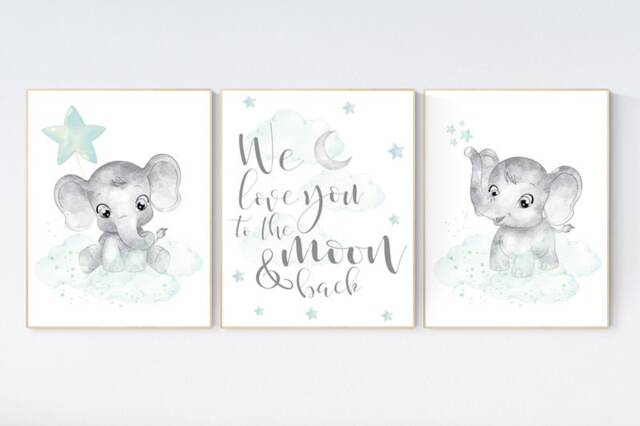 Elephant Nursery Art Print Mint Green Baby Room Decor - image 1