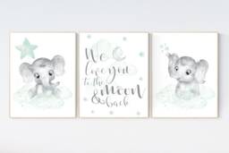 Elephant Nursery Art Print Mint Green Baby Room Decor - thumbnail 1