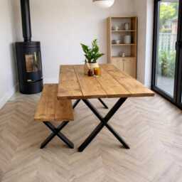 Reclaimed Wood Dining Table With Steel X Frame Legs. -Matching Benches Available - thumbnail 1