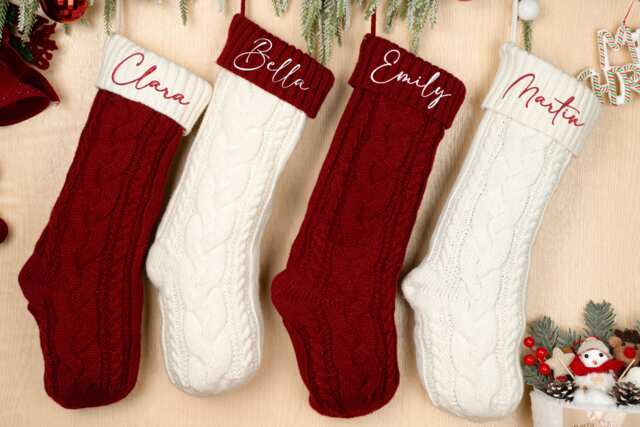 Personalized Knitted Christmas Stocking Embroidered Name, Family Holiday Decor - image 1