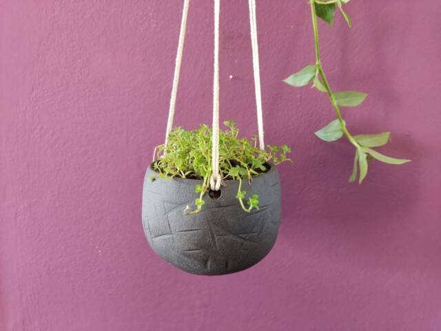 Handmade Ceramic Planter, Hanging Indoor Suspended Plant Holder, Pot, Housewarming Gift, Black/Brown Hanging Pot - image 1