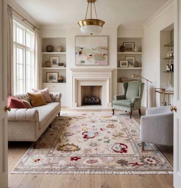 Hand Knotted Wool Oushak Style Rug, Pink Multicolor Floral Living Room Area Rug - image 1