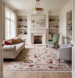 Hand Knotted Wool Oushak Style Rug, Pink Multicolor Floral Living Room Area Rug - thumbnail 1