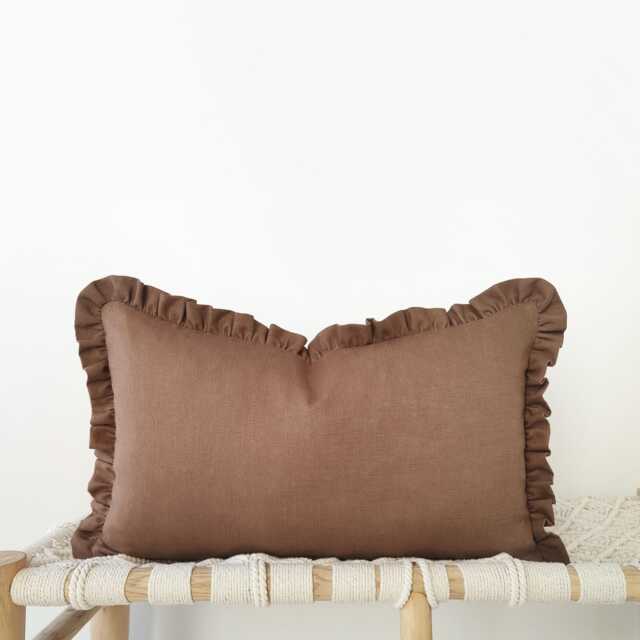 Rust Brown Linen Lumbar Pillow Cover With Ruffled Edges - Earth-Tone Cushion in 12x20In/30x50cm - image 1