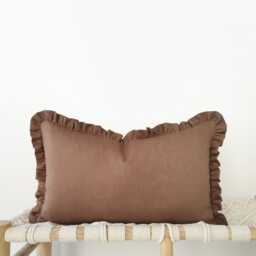 Rust Brown Linen Lumbar Pillow Cover With Ruffled Edges - Earth-Tone Cushion in 12x20In/30x50cm - thumbnail 1