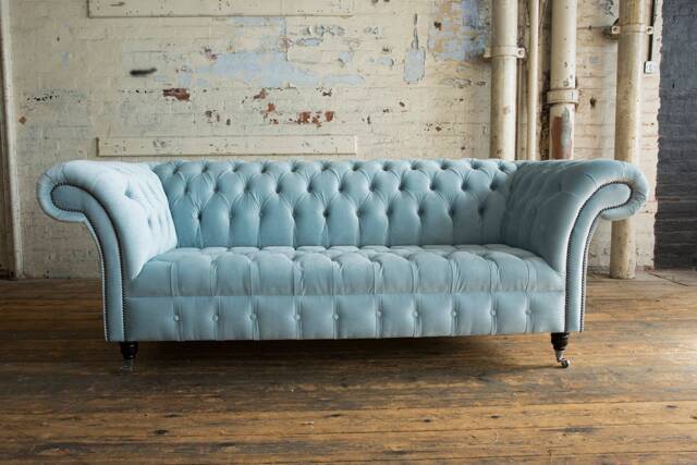 British Handmade Dusty Blue Velvet 3 Seater Chesterfield Sofa - image 1