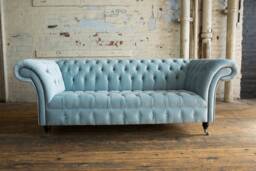 British Handmade Dusty Blue Velvet 3 Seater Chesterfield Sofa - thumbnail 1