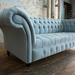 British Handmade Dusty Blue Velvet 3 Seater Chesterfield Sofa - thumbnail 3