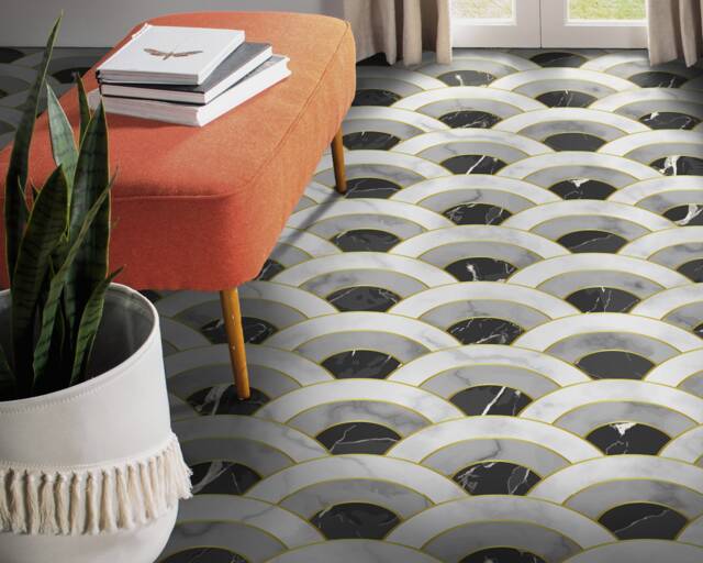 Art Deco Marble Rainbows Shapes Vinyl Flooring, Black Flooring Linoleum, White Vivid Colors Inks, Circles High Quality Print, Pet Friendly - image 1