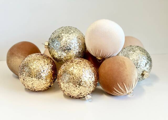 Gold Velvet Christmas Balls Handmade Glitter Ornaments, Set Of 12 - image 1