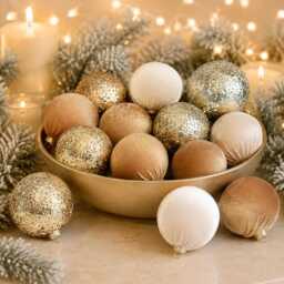 Gold Velvet Christmas Balls Handmade Glitter Ornaments, Set Of 12