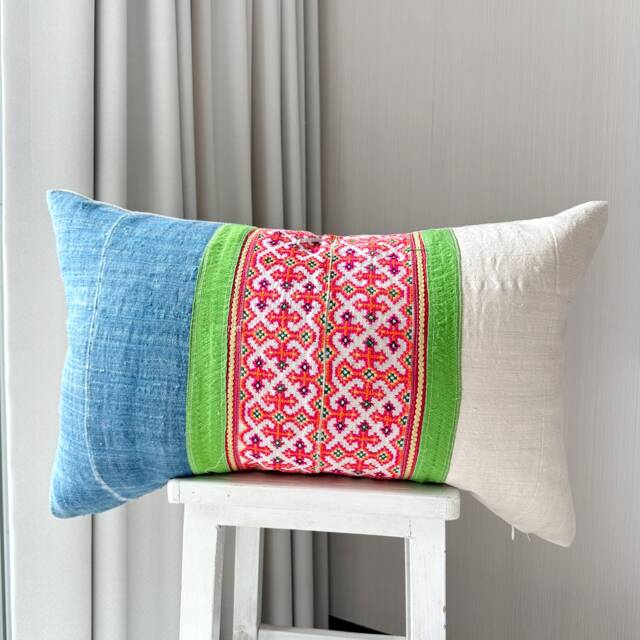 Hmong Pillow Cover Vintage Hand Block Print Hemp Cushion - 16 X 26 - image 1