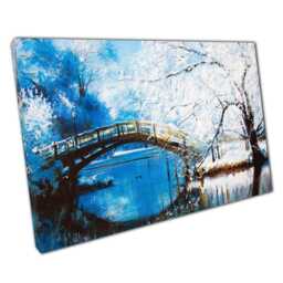 Snowy Woodland Bridge Canvas Print Winter Forest River Scene Wall Art For Home Decor - thumbnail 1