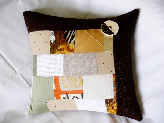 Original Design Unique Couch Pillow...natural Fabrics Patchwork & Ceramic Button Pillow ... Throw Decorative Case - image 1