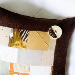 Original Design Unique Couch Pillow...natural Fabrics Patchwork & Ceramic Button Pillow ... Throw Decorative Case - thumbnail 2