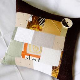 Original Design Unique Couch Pillow...natural Fabrics Patchwork & Ceramic Button Pillow ... Throw Decorative Case - thumbnail 3