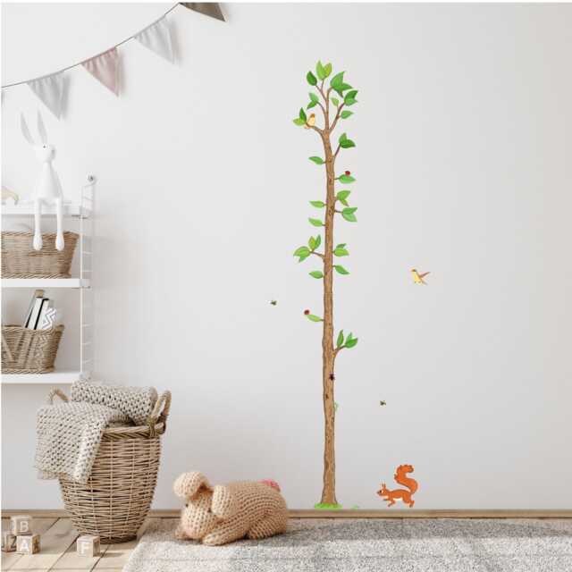 Tree Height Chart 187 cm Wall Decal For Children's Room - Squirrel Sticker Door Woodland Animals Scale Hand-Drawn, Made in Germany - image 1