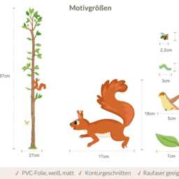 Tree Height Chart 187 cm Wall Decal For Children's Room - Squirrel Sticker Door Woodland Animals Scale Hand-Drawn, Made in Germany - thumbnail 3