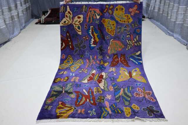 Butterfly Pictorial Rug 4x6 Ft Afghan Handmade Rug, Natural Dyes Wool Bedroom Art Deco Tribal Oriental Kids Room Carpet - image 1