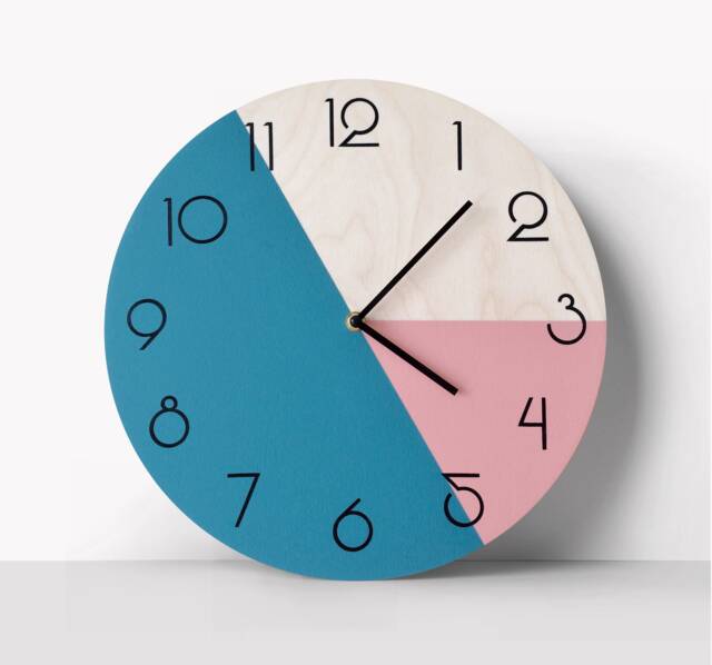 Geometric Wall Clock With Numbers Round Wooden in Deep Teal Blue & Pale Pink Colors Minimalist - image 1