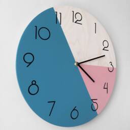 Geometric Wall Clock With Numbers Round Wooden in Deep Teal Blue & Pale Pink Colors Minimalist - thumbnail 2