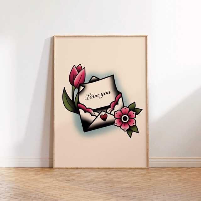 Valentine's Love Letter Traditional Tattoo Print Poster, Living Room Wall Print, Bedroom Decor, Portrait Art, Studio - image 1