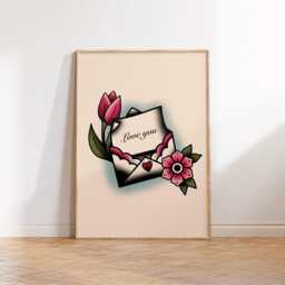Valentine's Love Letter Traditional Tattoo Print Poster, Living Room Wall Print, Bedroom Decor, Portrait Art, Studio - thumbnail 1