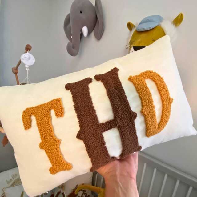 Monogram Embroidered Linen Lumbar Pillow, Personalized Punch Needle - image 1