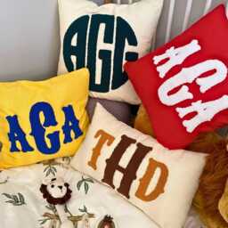 Monogram Embroidered Linen Lumbar Pillow, Personalized Punch Needle - thumbnail 2