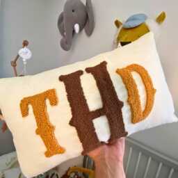 Monogram Embroidered Linen Lumbar Pillow, Personalized Punch Needle - thumbnail 1