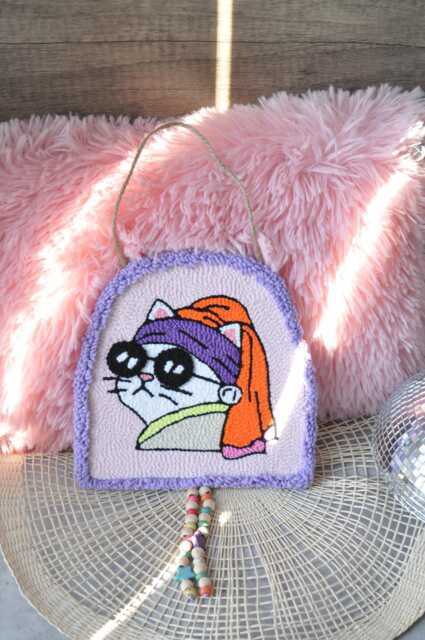 Cat With Pearl Earring Punch Needle Wall Hanging - Cosy Decor - image 1