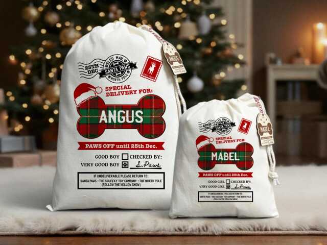 Personalised Christmas Stocking For Dogs - Tartan Pet Santa Sack Cotton Drawstring Bag - image 1