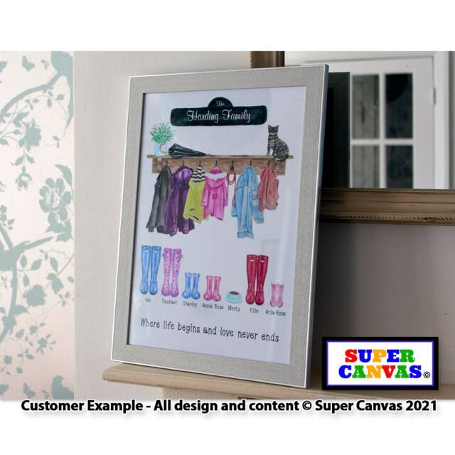 Family Coat & Wellie Boot Personalised Framed Print Handmade Gift For Friend Mum Dad Grandparent Daughter Birthday Mothers Day - image 1