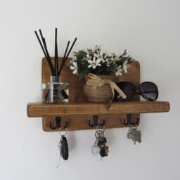 Rustic Waxed Chunky Plank Wood Key Holder With Shelf/Entryway Rack Kitchen Organizer - thumbnail 2