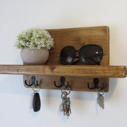 Rustic Waxed Chunky Plank Wood Key Holder With Shelf/Entryway Rack Kitchen Organizer - thumbnail 3