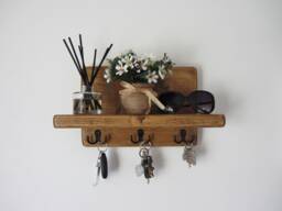 Rustic Waxed Chunky Plank Wood Key Holder With Shelf/Entryway Rack Kitchen Organizer