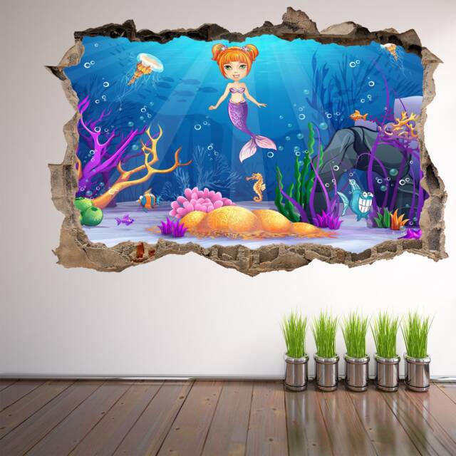 Mermaid Fishes Underwater Cartoon Wall Decal Sticker Mural Poster Print Art Kids Girls Room Decor Eb26 - image 1
