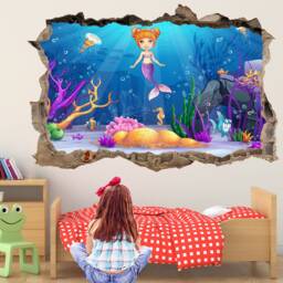 Mermaid Fishes Underwater Cartoon Wall Decal Sticker Mural Poster Print Art Kids Girls Room Decor Eb26 - thumbnail 2