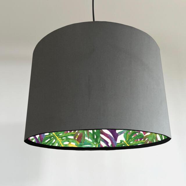 Grey Velvet Drum Lampshade, Double Sided Lampshade With Multicoloured Leaves Interior, Ceiling Light Shade - image 1