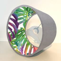 Grey Velvet Drum Lampshade, Double Sided Lampshade With Multicoloured Leaves Interior, Ceiling Light Shade - thumbnail 2