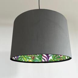 Grey Velvet Drum Lampshade, Double Sided Lampshade With Multicoloured Leaves Interior, Ceiling Light Shade