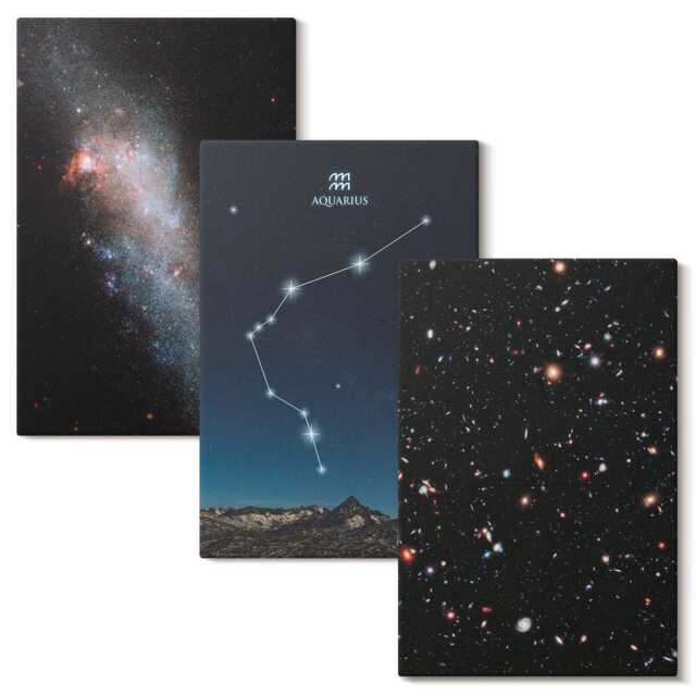 Canvas Wall Art Set Of 3 - Galaxy Space Zodiac Sign Aquarius, Navy Photo Print, & Astrology Hanging Piece - image 1