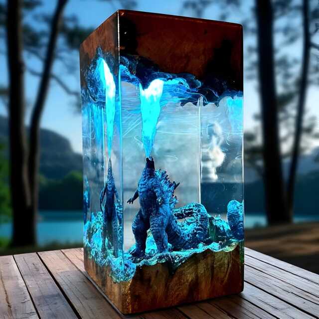 Godzilla Resin Night Light, Handmade Epoxy Lamp With Wooden Base, 3D Scene Lamp, Monster Movie Decor, Kaiju Fan Gift