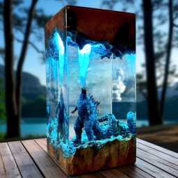 Godzilla Resin Night Light, Handmade Epoxy Lamp With Wooden Base, 3D Scene Lamp, Monster Movie Decor, Kaiju Fan Gift - thumbnail 1