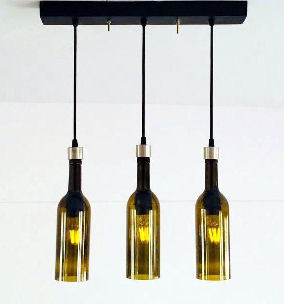 Industrial Light Fixture - Chandelier Ceiling Lamp Made From Wine Bottles For Home, Condo & Kitchen Island - image 1