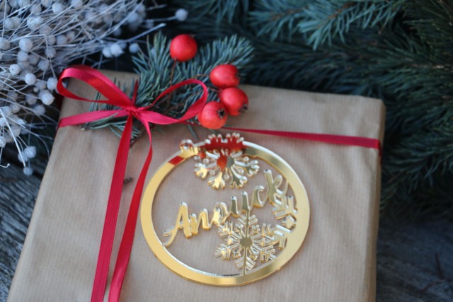 Laser Cut Gold Name For Christmas Gift/Wood Bauble Snowflake Ornament/Custom Xmas Table Decors/ Personalized Gift/ Rustic Anniversary Decor - image 1