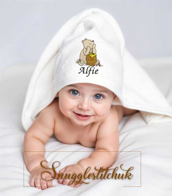 Personalised Baby Hooded Winnie The Pooh Hunny Embroidered Towel Bathtime - image 1