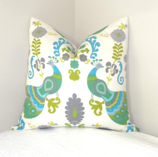 Peacock Pillow Cover, Green Blue Bird Print, 24x24 Throw - image 1